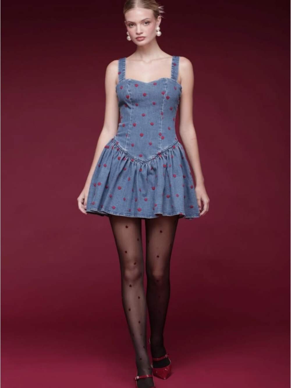 Heart Embroidered Denim Drop-Waist